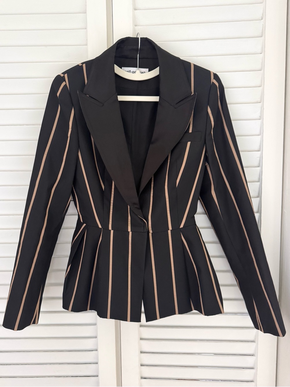 Self-Portrait Tailoring Single Breasted Blazer - Black with Beige / Gold Stripes